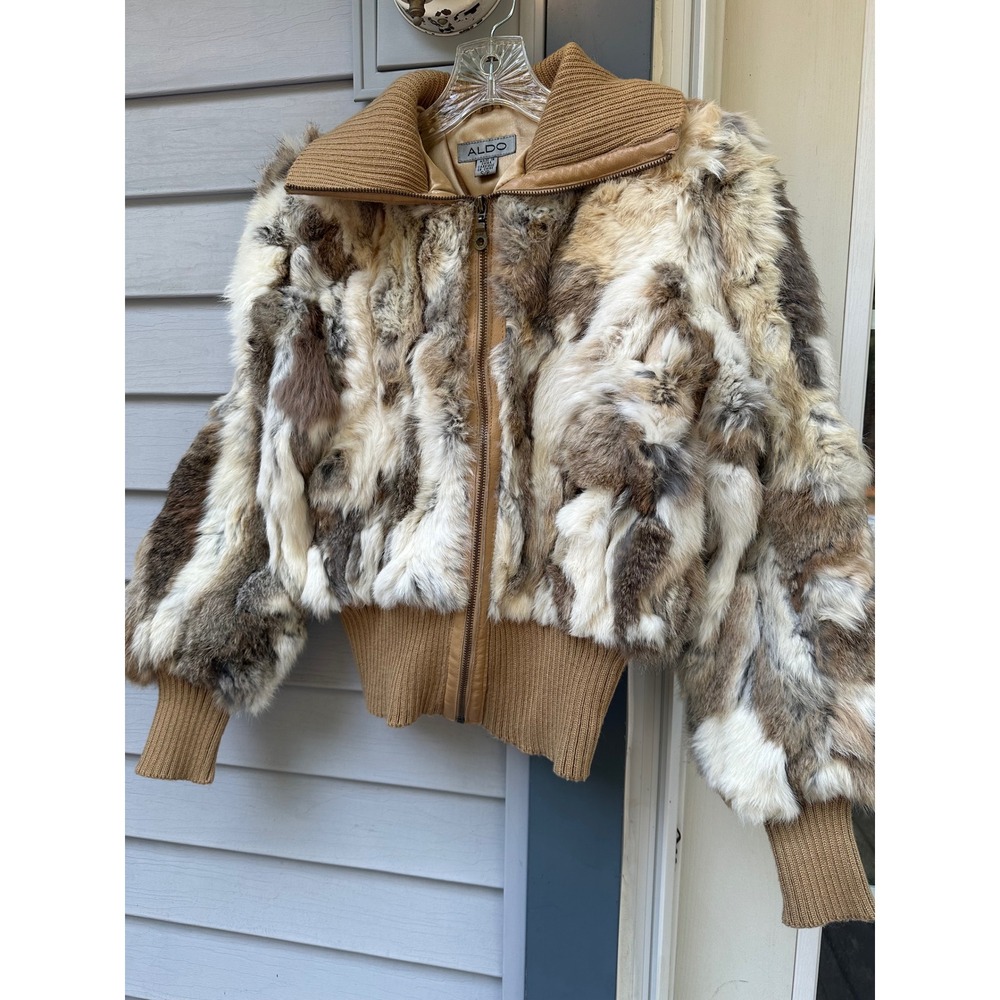 Aldo Womens Rabbit Fur Bomber Jacket Brown Tan Patchwork Ribbed Knit Trim Small